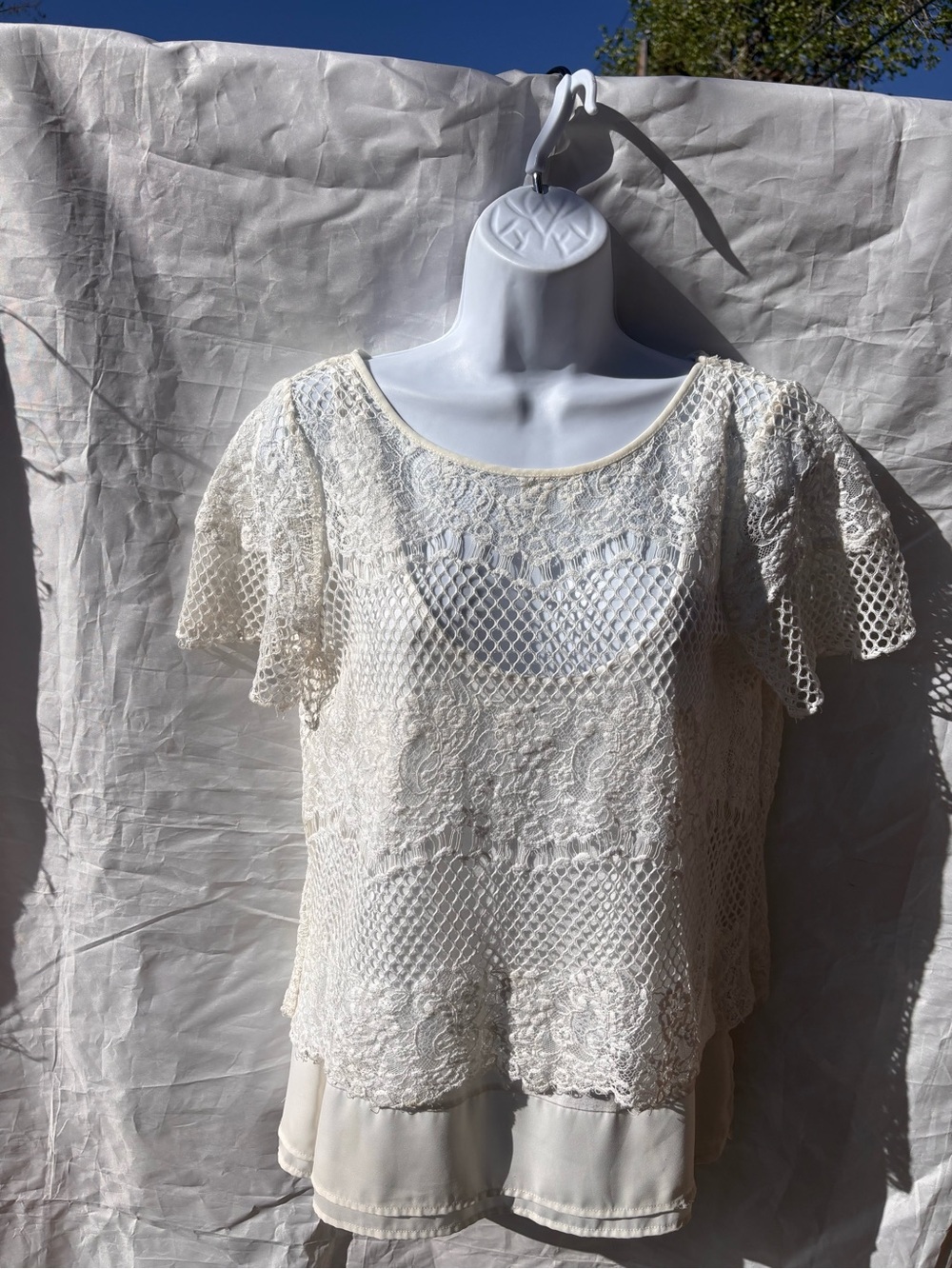White House Black Market Cream Lace Flutter Sleeve Blouse